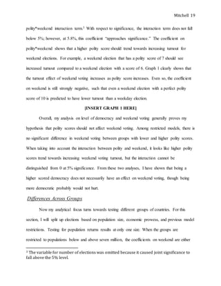 Mitchell 19
polity*weekend interaction term.3 With respect to significance, the interaction term does not fall
below 5%; however, at 5.8%, this coefficient “approaches significance.” The coefficient on
polity*weekend shows that a higher polity score should trend towards increasing turnout for
weekend elections. For example, a weekend election that has a polity score of 7 should see
increased turnout compared to a weekend election with a score of 6. Graph 1 clearly shows that
the turnout effect of weekend voting increases as polity score increases. Even so, the coefficient
on weekend is still strongly negative, such that even a weekend election with a perfect polity
score of 10 is predicted to have lower turnout than a weekday election.
[INSERT GRAPH 1 HERE]
Overall, my analysis on level of democracy and weekend voting generally proves my
hypothesis that polity scores should not affect weekend voting. Among restricted models, there is
no significant difference in weekend voting between groups with lower and higher polity scores.
When taking into account the interaction between polity and weekend, it looks like higher polity
scores trend towards increasing weekend voting turnout, but the interaction cannot be
distinguished from 0 at 5% significance. From these two analyses, I have shown that being a
higher scored democracy does not necessarily have an effect on weekend voting, though being
more democratic probably would not hurt.
Differences Across Groups
Now my analytical focus turns towards testing different groups of countries. For this
section, I will split up elections based on population size, economic prowess, and previous model
restrictions. Testing for population returns results at only one size. When the groups are
restricted to populations below and above seven million, the coefficients on weekend are either
3 The variable for number of elections was omitted because it caused joint significance to
fall above the 5% level.
 
