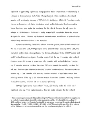 Mitchell 20
significant or approaching significance. For populations below seven million, weekend voting is
estimated to decrease turnout by 8.2% (to .1% significance), while populations above trend
negative with an estimated decrease of 3.6% (to 8.6% significance) (Table 4). From these results,
it seems as if countries with higher populations would tend to be impacted less from weekend
voting. However, when testing the hypothesis that the effect is the same, the null cannot be
rejected at 5% significance. Additionally, testing a model with a population interaction returns
no significant results. Therefore, my hypothesis that there exists no difference in weekend voting
between large and small countries is not disproven.
In terms of estimating differences between economic powers, there are three subdivisions
that can be used: total GDP, GDP per capita, and G-20 membership. Looking at total GDP, two
interaction models stand out as significant. The first model includes the top 10 GDP dummy and
top10*weekend interaction dummy. From the results, I find that top 10 countries with weekend
elections see a 4.8% increase in turnout over other countries with weekend elections.4 Among
top 10 countries, weekend elections also return 5.8% more turnout than weekday elections, but
still see a decrease when compared to weekday elections in other countries. The same results are
seen for top 15 GDP countries, with weekend elections estimated to have higher turnout than
weekday elections in the top 15 and weekend elections in excluded countries. Weekday elections
in excluded countries, however, still see an increase (Table 5).
GDP per capita returns much different results, and the only model that comes out as
significant is the top 30 per capita interaction. This first model estimates that for weekend
4 This percentage is calculated by subtracting the Weekend Elections coefficient (applicable
to excluded weekend elections) from the summation of the Weekend Elections, Top 10
GDP, and Interaction coefficients (applicable to a selected country with weekend elections).
Numerically, (13.48 – 7.656 – 8.649) – (-7.656) = 4.8. This method is used for determining
all the differences in interaction models, and the results are displayed in table 6.
 