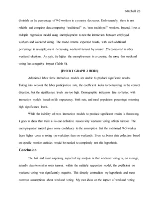 Mitchell 23
diminish as the percentage of 9-5 workers in a country decreases. Unfortunately, there is not
reliable and complete data comparing “traditional” vs. “non-traditional” workers. Instead, I run a
multiple regression model using unemployment to test the interaction between employed
workers and weekend voting. The model returns expected results, with each additional
percentage in unemployment decreasing weekend turnout by around .5% compared to other
weekend elections. As such, the higher the unemployment in a country, the more that weekend
voting has a negative impact (Table 8).
[INSERT GRAPH 2 HERE]
Additional labor force interaction models are unable to produce significant results.
Taking into account the labor participation rate, the coefficient looks to be trending in the correct
direction, but the significance levels are too high. Demographic indicators fare no better, with
interaction models based on life expectancy, birth rate, and rural population percentage returning
high significance levels.
While the inability of most interaction models to produce significant results is frustrating,
it goes to show that there is no one definitive reason why weekend voting affects turnout. The
unemployment model gives some confidence to the assumption that the traditional 9-5 worker
faces higher costs to voting on weekdays than on weekends. Even so, better data collection based
on specific worker statistics would be needed to completely test this hypothesis.
Conclusion
The first and most surprising aspect of my analysis is that weekend voting is, on average,
actually detrimental to voter turnout: within the multiple regression model, the coefficient on
weekend voting was significantly negative. This directly contradicts my hypothesis and most
common assumptions about weekend voting. My own ideas on the impact of weekend voting
 