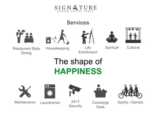 Restaurant Style
Dining
Laundromat Concierge
Desk
Housekeeping
Services
Maintenance 24×7
Security
The shape of
HAPPINESS
Spiritual CulturalLife
Enrichment
Sports / Games
 