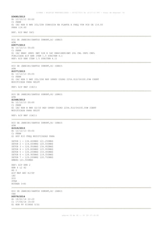AISWEB - BOLETIM PERSONALIZADO - 28/02/2014 às 19:37:10 UTC - Total de Páginas: 36

D3690/2013
B) 12/12/13 00:00
C) PERM
E) IAC NDB X RWY 20L/20R CORRIGIR NA PLANTA A FREQ VOR PCX DE 114.00
PARA 114.60
REF. AIP MAP IAC)
RIO DE JANEIRO/SANTOS DUMONT,RJ (SBRJ)
ATM
D3577/2013
B) 12/12/13 00:00
C) PERM
E) IAC RNAV (RNP) RWY 02R E IAC RNAV(RNP)RWY 20L CNL INFO CMPL
PUBLICADA AIP ENR ITEM 1.5 SUBITEM 4.1
REF: AIP ENR ITEM 1.5 SUBITEM 4.1)
RIO DE JANEIRO/SANTOS DUMONT,RJ (SBRJ)
ATM
Z1577/2013
B) 12/12/13 00:00
C) PERM
E) IAC NDB Y RWY 20L/20R REP OPKEV COORD 2256.91S/04330.05W IDENT
MODIFICADA PARA GELUT
REF: AIP MAP (IAC))
RIO DE JANEIRO/SANTOS DUMONT,RJ (SBRJ)
ATM
Z1568/2013
B) 12/12/13 00:00
C) PERM
E) IAC NDB B RWY 02/20 REP OPKEV COORD 2256.91S/04330.05W IDENT
MODIFICADA PARA GELUT
REF: AIP MAP (IAC))
RIO DE JANEIRO/SANTOS DUMONT,RJ (SBRJ)
ATM
Z1519/2013
B) 12/12/13 00:00
C) PERM
E) APP RIO FREQ MODIFICADAS PARA
SETOR
SETOR
SETOR
SETOR
SETOR
SETOR
SETOR
EMERG

1 - 134.400MHZ
2 - 119.000MHZ
3 - 124.950MHZ
4 - 129.800MHZ
5 - 126.200MHZ
6 - 128.900MHZ
7 - 129.200MHZ
121.500MHZ

121.250MHZ
120.550MHZ
134.950MHZ
125.950MHZ
133.300MHZ
119.350MHZ
120.750MHZ

REF: AIP ENR 2
ENR 6 L2 H2
AD 2
AIP MAP ARC RJ/SP
IAC
SID
STAR
ROTAER 3-R)
RIO DE JANEIRO/SANTOS DUMONT,RJ (SBRJ)
CNS
D0579/2014
B) 18/02/14 22:20
C) 17/04/14 19:00
E) NDB PP 415KHZ U/S)

página 26 de 36 :: IP 187.37.18.84

 