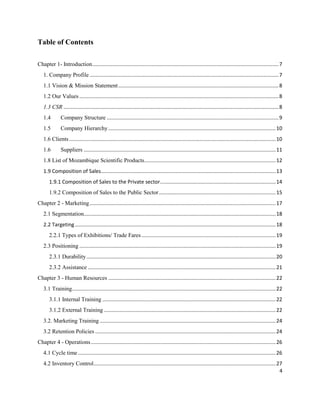 4
Table of Contents
Chapter 1- Introduction.................................................................................................................................7
1. Company Profile...................................................................................................................................7
1.1 Vision & Mission Statement...............................................................................................................8
1.2 Our Values ..........................................................................................................................................8
1.3 CSR .....................................................................................................................................................8
1.4 Company Structure .......................................................................................................................9
1.5 Company Hierarchy....................................................................................................................10
1.6 Clients ...............................................................................................................................................10
1.6 Suppliers .....................................................................................................................................11
1.8 List of Mozambique Scientific Products...........................................................................................12
1.9 Composition of Sales.........................................................................................................................13
1.9.1 Composition of Sales to the Private sector................................................................................14
1.9.2 Composition of Sales to the Public Sector.................................................................................15
Chapter 2 - Marketing.................................................................................................................................17
2.1 Segmentation.....................................................................................................................................18
2.2 Targeting...........................................................................................................................................18
2.2.1 Types of Exhibitions/ Trade Fares.............................................................................................19
2.3 Positioning ........................................................................................................................................19
2.3.1 Durability...................................................................................................................................20
2.3.2 Assistance ..................................................................................................................................21
Chapter 3 - Human Resources ....................................................................................................................22
3.1 Training.............................................................................................................................................22
3.1.1 Internal Training ........................................................................................................................22
3.1.2 External Training .......................................................................................................................22
3.2. Marketing Training..........................................................................................................................24
3.2 Retention Policies .............................................................................................................................24
Chapter 4 - Operations................................................................................................................................26
4.1 Cycle time.........................................................................................................................................26
4.2 Inventory Control..............................................................................................................................27
 