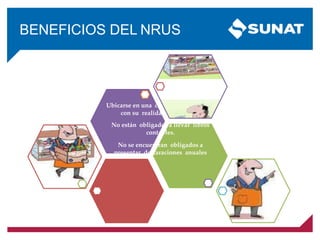 BENEFICIOS DEL NRUS
Ubicarse en una categoría de acuerdo
con su realidad económica.
No están obligados a llevar libros
contables.
No se encuentran obligados a
presentar declaraciones anuales
 