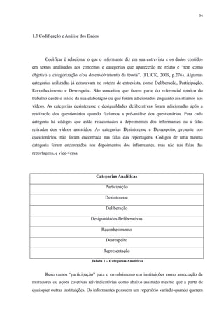34 
1.3 Codificação e Análise dos Dados 
Codificar é relacionar o que o informante diz em sua entrevista e os dados contidos 
em textos analisados aos conceitos e categorias que aparecerão no relato e “tem como 
objetivo a categorização e/ou desenvolvimento da teoria”. (FLICK, 2009, p.276). Algumas 
categorias utilizadas já constavam no roteiro de entrevista, como Deliberação, Participação, 
Reconhecimento e Desrespeito. São conceitos que fazem parte do referencial teórico do 
trabalho desde o início da sua elaboração ou que foram adicionados enquanto assistíamos aos 
vídeos. As categorias desinteresse e desigualdades deliberativas foram adicionadas após a 
realização dos questionários quando fazíamos a pré-análise dos questionários. Para cada 
categoria há códigos que estão relacionados a depoimentos dos informantes ou a falas 
retiradas dos vídeos assistidos. As categorias Desinteresse e Desrespeito, presente nos 
questionários, não foram encontrada nas falas das reportagens. Códigos de uma mesma 
categoria foram encontrados nos depoimentos dos informantes, mas não nas falas das 
reportagens, e vice-versa. 
Categorias Analíticas 
Participação 
Desinteresse 
Deliberação 
Desigualdades Deliberativas 
Reconhecimento 
Desrespeito 
Representação 
Tabela 1 – Categorias Analíticas 
Reservamos “participação” para o envolvimento em instituições como associação de 
moradores ou ações coletivas reivindicatórias como abaixo assinado mesmo que a parte de 
quaisquer outras instituições. Os informantes possuem um repertório variado quando querem 
 