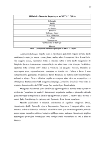 40 
Módulo 1 – Temas de Reportagem no NETV 1ª Edição 
Educação 
Saúde 
Polícia 
Acidentes 
Trânsito 
Cultura e Lazer 
Dicas e Direitos 
Obras 
Saneamento 
“Jornalismo de Serviço” 
Outros. 
Tabela 2 – Categorias Temas de Reportagem no NETV 1ª Edição 
A categoria Educação engloba todas as reportagens que dizem respeito ao tema desde 
notícias sobre avanços, recuos, construção de escolas, oferta de cursos até dicas de vestibular. 
Na categoria Saúde, registramos todas as matérias sobre o tema desde inauguração de 
hospitais, doenças, tratamentos e recomendações de sobre como evitar doenças. Em Polícia, 
reunimos todas notícias sobre crimes e violência. Na categoria Trânsito, reunimos as 
reportagens sobre engarrafamentos, mudanças no trânsito etc. Cultura e Lazer é uma 
categoria ampla que reúne a programação de fim de semana até matérias sobre manifestações 
culturais e shows. Dicas e Direitos engloba reportagens sobre dicas ao consumidor e à 
obtenção de direitos como FGTS e seguro desemprego. Jornalismo de Serviço reúne todas as 
matérias do quadro Blitz do NETV ou que faça uso da figura do calendário. 
O segundo módulo tem como unidade de registro apenas as matérias feitas a partir do 
modelo de “jornalismo de serviço”. Assim como no primeiro módulo, a dimensão utilizada 
para estabelecer a frequência da unidade de registro será o tempo. O objetivo desse módulo é 
reunir dados descritivos sobre os temas mais frequentes desse tipo de jornalismo. 
Quando codificamos o material, construímos as seguintes categorias: Obras, 
Manutenção, Saúde, Educação, Água e Saneamento e Segurança. A categoria Obras reúne 
matérias acerca de cobranças relativas à ausência de obras que danificam aparelhos públicos 
como praças, mercados públicos, banheiros públicos, ruas e calçadas. Manutenção engloba 
reportagens que tragam reclamações sobre serviços como recolhimento de lixo e poda de 
árvores. 
 