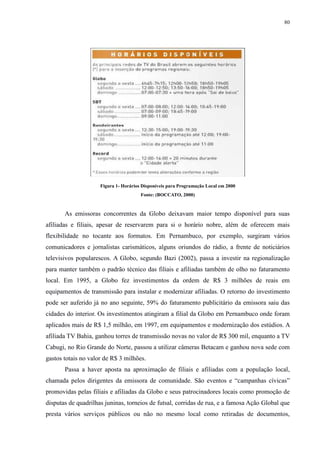 80 
Figura 1- Horários Disponíveis para Programação Local em 2000 
Fonte: (BOCCATO, 2000) 
As emissoras concorrentes da Globo deixavam maior tempo disponível para suas 
afiliadas e filiais, apesar de reservarem para si o horário nobre, além de oferecem mais 
flexibilidade no tocante aos formatos. Em Pernambuco, por exemplo, surgiram vários 
comunicadores e jornalistas carismáticos, alguns oriundos do rádio, a frente de noticiários 
televisivos popularescos. A Globo, segundo Bazi (2002), passa a investir na regionalização 
para manter também o padrão técnico das filiais e afiliadas também de olho no faturamento 
local. Em 1995, a Globo fez investimentos da ordem de R$ 3 milhões de reais em 
equipamentos de transmissão para instalar e modernizar afiliadas. O retorno do investimento 
pode ser auferido já no ano seguinte, 59% do faturamento publicitário da emissora saiu das 
cidades do interior. Os investimentos atingiram a filial da Globo em Pernambuco onde foram 
aplicados mais de R$ 1,5 milhão, em 1997, em equipamentos e modernização dos estúdios. A 
afiliada TV Bahia, ganhou torres de transmissão novas no valor de R$ 300 mil, enquanto a TV 
Cabugi, no Rio Grande do Norte, passou a utilizar câmeras Betacam e ganhou nova sede com 
gastos totais no valor de R$ 3 milhões. 
Passa a haver aposta na aproximação de filiais e afiliadas com a população local, 
chamada pelos dirigentes da emissora de comunidade. São eventos e “campanhas cívicas” 
promovidas pelas filiais e afiliadas da Globo e seus patrocinadores locais como promoção de 
disputas de quadrilhas juninas, torneios de futsal, corridas de rua, e a famosa Ação Global que 
presta vários serviços públicos ou não no mesmo local como retiradas de documentos, 
 