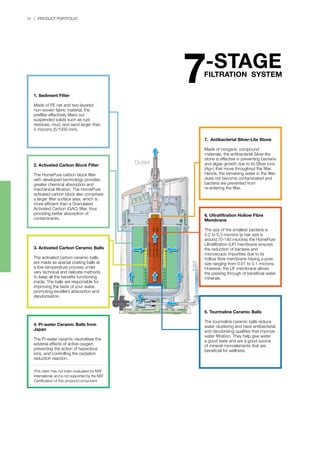 Water
14 | PRODUCT PORTFOLIO
-STAGE
7FILTRATION SYSTEM
1. Sediment Filter
Made of PE net and two-layered
non-woven fabric material, the
prefilter effectively filters out
suspended solids such as rust
residues, mud, and sand larger than
5 microns (5/1000 mm).
2. Activated Carbon Block Filter
The HomePure carbon block filter
with developed technology provides
greater chemical absorption and
mechanical filtration. The HomePure
activated carbon block also comprises
a larger filter surface area, which is
more efficient than a Granulated
Activated Carbon (GAC) filter, thus
providing better absorption of
contaminants.
3. Activated Carbon Ceramic Balls
The activated carbon ceramic balls
are made as special coating balls at
a low-temperature process under
very technical and delicate methods
to keep all the benefits functioning
inside. The balls are responsible for
improving the taste of your water,
promoting excellent absorption and
deodorisation.
4. Pi-water Ceramic Balls from
Japan
The Pi-water ceramic neutralises the
adverse effects of active oxygen,
preventing the action of hazardous
ions, and controlling the oxidation
reduction reaction.
7. Antibacterial Silver-Lite Stone
Made of inorganic compound
materials, the antibacterial Silver-lite
stone is effective in preventing bacteria
and algae growth due to its Silver ions
(Ag+) that move throughout the filter.
Hence, the remaining water in the filter
does not become contaminated and
bacteria are prevented from
re-entering the filter.
6. Ultrafiltration Hollow Fibre
Membrane
The size of the smallest bacteria is
0.2 to 0.3 microns (a hair size is
around 70-140 microns); the HomePure
Ultrafiltration (UF) membrane ensures
the reduction of bacteria and
microscopic impurities due to its
hollow fibre membrane having a pore
size ranging from 0.01 to 0.1 microns.
However, the UF membrane allows
the passing through of beneficial water
minerals.
5. Tourmaline Ceramic Balls
The tourmaline ceramic balls reduce
water clustering and have antibacterial
and deodorising qualities that improve
water filtration. They help give water
a good taste and are a good source
of mineral microelements that are
beneficial for wellness.
This claim has not been evaluated by NSF
International, and is not supported by the NSF
Certification of this product/component
Outlet
Inlet
 