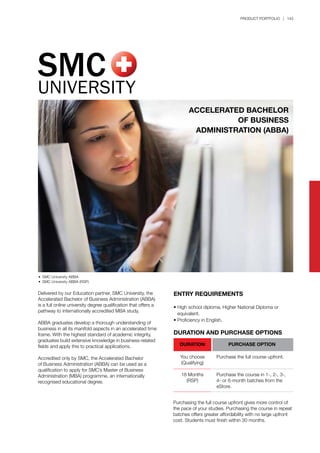 PRODUCT PORTFOLIO | 143
Delivered by our Education partner, SMC University, the
Accelerated Bachelor of Business Administration (ABBA)
is a full online university degree qualification that offers a
pathway to internationally accredited MBA study.
ABBA graduates develop a thorough understanding of
business in all its manifold aspects in an accelerated time
frame. With the highest standard of academic integrity,
graduates build extensive knowledge in business-related
fields and apply this to practical applications.
Accredited only by SMC, the Accelerated Bachelor
of Business Administration (ABBA) can be used as a
qualification to apply for SMC’s Master of Business
Administration (MBA) programme, an internationally
recognised educational degree.
ACCELERATED BACHELOR
OF BUSINESS
ADMINISTRATION (ABBA)
•	 SMC University ABBA
•	 SMC University ABBA (RSP)
ENTRY REQUIREMENTS
•	High school diploma, Higher National Diploma or 		
	 equivalent.
•	Proficiency in English.
DURATION AND PURCHASE OPTIONS
DURATION
You choose
(Qualifying)
18 Months
(RSP)
Purchase the full course upfront.
Purchase the course in 1-, 2-, 3-,
4- or 6-month batches from the
eStore.
Purchasing the full course upfront gives more control of
the pace of your studies. Purchasing the course in repeat
batches offers greater affordability with no large upfront
cost. Students must finish within 30 months.
PURCHASE OPTION
 