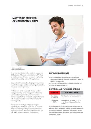 PRODUCT PORTFOLIO | 147
MASTER OF BUSINESS
ADMINISTRATION (MBA)
• SMC University MBA
• SMC University MBA (RSP)
As an internationally accredited academic programme,
SMC’s Master of Business Administration (MBA) offers
an assiduous research-based curriculum, emphasising
experiential knowledge and real-life applications.
Using real-world case studies, the programme provides
you with the skills you need to reach your goals as leaders,
innovators, and entrepreneurs.
For those who aim to advance to the top, whether
playing a role in top senior management or becoming
a renowned entrepreneur, the programme offers a
top-notch opportunity for its students to equip themselves
with the tools needed for career advancement and
personal growth.
The courses will teach you not only to recognise
opportunity, but also how to create one, an essential
ability in a constantly evolving business environment.
Improve your chance of success and strive for the top
with SMC’s Master of Business Administration.
ENTRY REQUIREMENTS
•	An undergraduate degree from an internationally 		
	 recognised academic institution or the SMC’s ABBA or 	
	 ABBA IT programmes.
•	A minimum of 1 year work or networking experience.
•	English language proficiency.
DURATION AND PURCHASE OPTIONS
DURATION
You choose
(Qualifying)
24 Months
(RSP)
Purchase the full course upfront.
Purchase the course in 1-, 2-, 3-,
4- or 6-month batches from the
eStore.
PURCHASE OPTION
Purchasing the full course upfront gives more control of
the pace of your studies and includes access to professional
academic supervision. Purchasing the course in repeat
batches offers greater affordability with an innovative peer
assessment model.
 