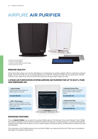 4
3
2
1
AIRPURE AIR PURIFIER
24 | PRODUCT PORTFOLIO
BREATHE HEALTHY
AirPure Air Purifier is likely one of the few affordable and comprehensive air purifiers available. With four distinctive purification
stages, AirPure Air Purifier has an air purifying efficiency up to 99.97%. AirPure Air Purifier has five speed levels; standby
function of up to eight hours; and can be dimmed to give you the good night’s sleep you need.
4-STAGE AIR PURIFICATION SYSTEM AIRPURE AIR PURIFIER FOR UP TO 99.97% PURE
AND ENERGISED AIR
ENHANCED FEATURES
The new Hybrid Prefilter now consists of a two-layer Prefilter element. The first layer is the current Silversan®
foam Prefilter
that works to eliminate common airborne bacteria and larger dust particles. The second layer is a proven electrostatically
charged Hybrid Prefilter that will reduce common volatile organic compounds (VOCs), eliminate airborne bacteria and trap
dust pollutants.
The combination of the Prefilter elements into one Hybrid Prefilter now makes the AirPure Air Purifier even more effective
with higher air purification performance.
•	 AirPure Air Purifier (White)
•	 AirPure Air Purifier (Black)
•	 AirPure Activated Carbon & Hybrid Prefilter
•	 AirPure Amezcua Air Filter
1.	Hybrid Prefilter
Removes large dust particles and
volatile organic compunds.
2.	HPP™
Filter System
Filters out viruses, bacteria, fine dust,
pollen, dust mite excretions and mould
and fungi from air.
6-month filter life
Lifetime, washable
3.	Activated Carbon Filter
Absorbs airborne gases (unpleasant
odours, kitchen smell or tobacco
smoke).
4.	Amezcua Air Filter
Energises and harmonises your air to
increase your harmony and energy levels.
6-month filter life
24-month filter life
 
