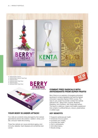 32 | PRODUCT PORTFOLIO
•	 LifeQode Berry Xtreme
•	 LifeQode Berry Xtreme Triple Pack
•	 LifeQode Kenta
•	 LifeQode Kenta Triple Pack
•	 LifeQode EDG3
•	 LifeQode EDG3 Triple Pack
YOUR BODY IS UNDER ATTACK!
Your cells are constantly being damaged by free radicals
generated by factors like pollution, radiation, stress, poor
diet, and poor habits like smoking.
These free radicals can cause premature ageing, poor
immunity, diabetes, heart diseases and sometimes even
cancer.
COMBAT FREE RADICALS WITH
ANTIOXIDANTS FROM SUPER FRUITS!
Berry Xtreme is an explosion of energising antioxidant
goodness! It contains ingredients that have the highest
antioxidant capacities (highest ORAC scores). The
easy-to-use, purple hue powder contains five carefully
selected fruits – Maqui berry, Acerola, Blueberry,
Raspberry, and Cranberry; with Grape seed extract.
The result is a delicious, organic and healthy supplement
that contains no artificial flavours, colours, preservatives
or added sugar.
KEY BENEFITS
•	 Supports cardiovascular health.
•	 Enhances immune system.
•	 Increases joint mobility.
•	 Promotes skin health.
•	 Rich in antioxidants.
•	 Anti-inflammatory.
•	 Boosts energy.
 