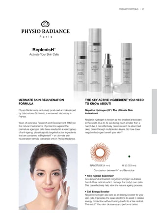 PRODUCT PORTFOLIO | 57
ReplenisH-
Activate Your Skin Cells
ULTIMATE SKIN REJUVENATION
FORMULA
Physio Radiance is exclusively produced and developed
by Laboratoires Schwartz, a renowned laboratory in
France.
Years of extensive Research and Development (R&D) on
the natural mechanisms of protection against the
premature ageing of cells have resulted in a select group
of anti-ageing, physiologically targeted active ingredients
that are contained in ReplenisH- – an ultimate skin
rejuvenation formula contained only in Physio Radiance.
THE KEY ACTIVE INGREDIENT YOU NEED
TO KNOW ABOUT!
Negative Hydrogen (H-): The Ultimate Skin
Antioxidant
Negative hydrogen is known as the smallest antioxidant
in the world. Due to its size being much smaller than a
nanotube, it can effectively penetrate and be absorbed
deep down through multiple skin layers. So how does
negative hydrogen benefit your skin?
•	Free Radical Scavenger
As a powerful antioxidant, negative hydrogen neutralises
harmful free radicals which damage the body’s own cells.
This can effectively help slow the natural ageing process.
•	Cell Energy Booster
Negative hydrogen also acts as an energy booster for your
skin cells. It provides the spare electrons to assist in cellular
energy production without turning itself into a free radical.
The result? Your skin blossoms and performs better.
NANOTUBE (4 nm) H- (0.053 nm)
Comparison between H- and Nanotube
 