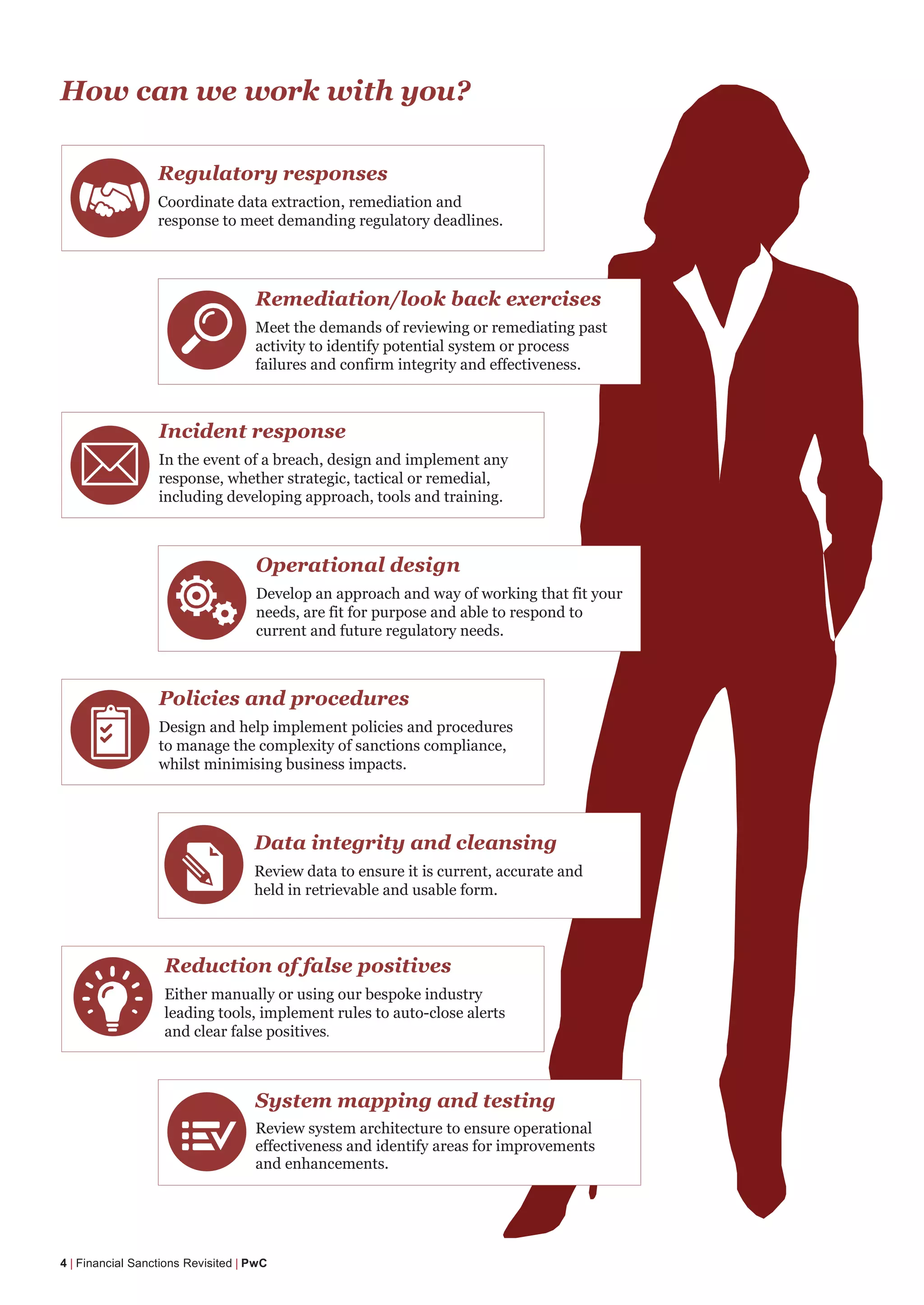 How can we work with you?
4 | Financial Sanctions Revisited | PwC
System mapping and testing
Review system architecture to ensure operational
effectiveness and identify areas for improvements
and enhancements.
Reduction of false positives
Either manually or using our bespoke industry
leading tools, implement rules to auto-close alerts
and clear false positives.
Data integrity and cleansing
Review data to ensure it is current, accurate and
held in retrievable and usable form.
Policies and procedures
Design and help implement policies and procedures
to manage the complexity of sanctions compliance,
whilst minimising business impacts.
Operational design
Develop an approach and way of working that fit your
needs, are fit for purpose and able to respond to
current and future regulatory needs.
Incident response
In the event of a breach, design and implement any
response, whether strategic, tactical or remedial,
including developing approach, tools and training.
Remediation/look back exercises
Meet the demands of reviewing or remediating past
activity to identify potential system or process
failures and confirm integrity and effectiveness.
Regulatory responses
Coordinate data extraction, remediation and
response to meet demanding regulatory deadlines.
 