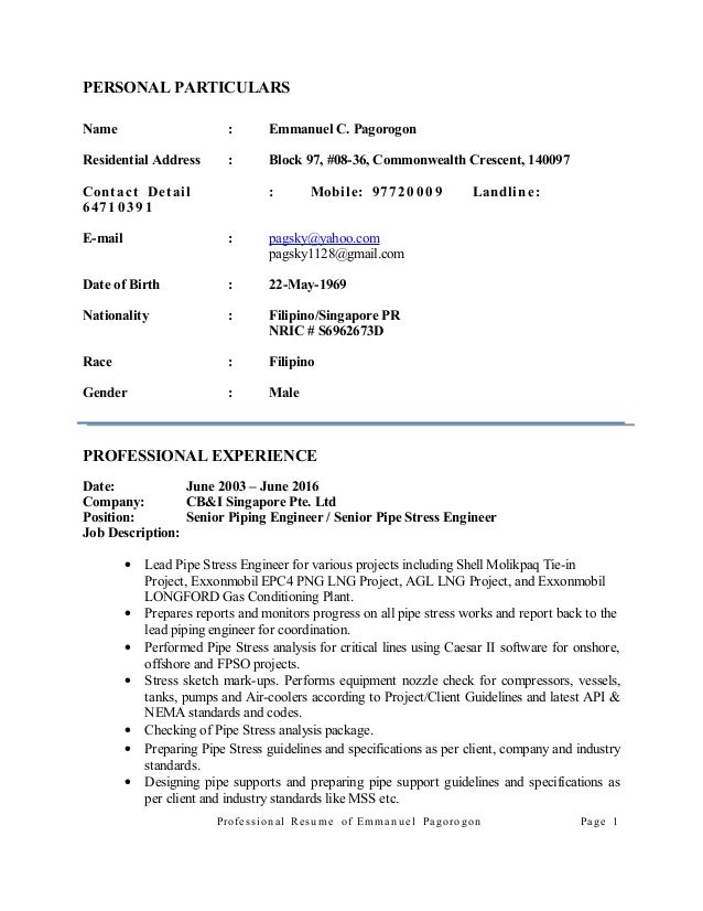 personal particulars name emmanuel c pagorogon residential address block 97 - Contract Stress Engineer Sample Resume personal particulars name emmanuel c pagorogon residential address block 97 - Contract Stress Engineer Sample Resume