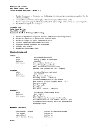 3
TVSongco and Associates
May 2005 to January 2006
Clients : JP Global Collections, JTQ and JLQ
 Handled clients report on Accounting and Bookkeeping of invoices and government agency mandated files for
submission and filing.
 Conducted and accompanied staff for physical inventories ( year end and interim audit)
 Prepares supplementary report and schedule of the clients related to legal, administrative, and accounting mattes.
 Provide financial reports and its analysis.
Accounting Staff
Gallop Forwarders Inc.
May 2003 to May 2005
Departments Handled: Brokerage and Forwarding
 Prepares the departmental budget both Brokerage and Forwarding processing expenses.
 Handled the cash advance to processors and liquidation reports.
 Handled the cash position reports submitted to Manager.
 Processed Sales Invoice and Statements of Accounts.
 Responsible for bank transactions and reconciliation
 Revolving fund custodian.
 Handled cash disbursements report.
Educational Background:
College:
School : Binalbagan Cathlolic College
Degree : Bachelor of Science in Accountancy
Graduation : March 2003
Achievements :Consistent Honor Roll/Dean’s List
:4 years Working Students Scholar
:PICPA Candidate Baccalaureate Awardee
:Debating Team Member ( Year Level Champion)
Secondary:
School : Our Lady of the Snows High School
Graduation : Batch 1998-1999
Achievements :Class 2nd Honorable Mention
:Leadership Awardee ( Gold Medal)
:Students Affair Organization ( SAO) President
:Free Admission for Private Education Scholar ( FAPE)
:Best ActorAwardee
:Best Cheer Leader
:Best Debater
:Best Platoon Leader ( CAT ) Awardee
Elementary:
School : Doña Gregoria Ramos Memorial School
Graduation : Batch 1994-1995
Achievements :Class Valedictorian
:National Elementary Achievement Test Topnotcher
:School Representative in Track and Field ( Provincial Level)
:School Representative in Essay Writing and Spelling Contest
:LeadershipAwardee
Seminars Attended:
Orientation on 5’S Seminar Stateland,Inc. –Elected as Chairman
Team Building Stateland Inc
Microsoft Excel Stateland Inc.
Service Excellence Seminar Stateland Inc
Skills:
 