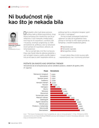 controlling iz prve ruke
52 decembar 2014.
Dok pojedini učeni ljudi danas ponosno
uzvikuju kako je došao kraj prošlosti, drugi
šaljivo konstatuju da ni budućnost nije što je
nekad bila. U tom raskoraku između buduć-
nosti koja ne liči na prošlost, a prošlost više
i ne postoji, stručnjaci prognoziraju sa 94%
verovatnoće da profesija u vezi sa računovod-
stvom pomalo liči na prošlost, odnosno, da
nema budućnost.
Da li je sve baš tako crno? Da li svi koji pro-
čitaju ovaj članak treba da zaborave peripetije u
vezi sa krajem meseca, a počnu da dižu tegove i
trče po kiši kako bi stekli neophodne veštine za
profesije kao što su rekreativni terapeut, sport-
ski trener, ili vatrogasac?
Oni koji se bave izučavanjem budućnosti,
uglavnom se slažu da na globalnom nivou
postoje tri sile koje će vršiti najveći pritisak na
kompanije u narednih dvadesetak godina:
Nepredvidljivost
Tehnološki napredak
Demografske izmene
U ovom tekstu fokus će biti na prvoj tački
- nepredvidljivosti, kao i rizicima koji proizilaze
Ni budućnost nije
kao što je nekada bila
Aleksandar Teofilović
Cost controller
WEST
PHARMACEUTICALS
POČNITE DA RADITE KAO SPORTSKI TRENER
Verovatnoća da će komputerizacija ukinuti određene poslove u sledećih 20 godina, 2013.
(1= sigurno)
Rekreacioni terapeuti
Stomatolozi
Sportski treneri
Sveštenici
Hemijski inženjeri
Novinari
Vatrogasci
Glumci
Tehnolozi
Ekonomisti
Komercijalni piloti
Mašinski inženjeri
Daktilografi
Agenti nekretnina
Tehnički pisci
Prodavci u maloprodaji
Računovođe
Telemarketari
Posao Verovatnoća
Izvor: The future of employment: How Susceptible are Jobs to Computerisation, C.Frey i M.Osborne (2013)
www.economist.com/news/briefing/21594264-previous-technological-innovation-has-always-delivered- more-
long-run-employment-not-less
 