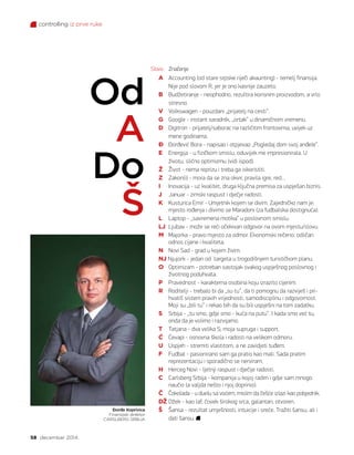 controlling iz prve ruke
58 decembar 2014.
A 	 Accounting (od stare srpske riječi akaunting) - temelj finansija.
Nije pod slovom R, jer je ono kasnije zauzeto.
B 	 Budžetiranje - neophodno, rezultira korisnim proizvodom, a vrlo
stresno.
V 	 Volkswagen - pouzdani „prijatelj na cesti”.
G 	Google - instant saradnik, „ortak” u dinamičnom vremenu.
D 	Digitron - prijatelj/saborac na različitim frontovima, uvijek uz
mene godinama.
Đ 	 Đorđević Bora - napisao i otpjevao „Pogledaj dom svoj anđele”.
E 	 Energija - u fizičkom smislu, oduvijek me impresionirala. U
životu, slično optimizmu (vidi ispod).
Ž 	 Život - nema reprizu i treba ga iskoristiti.
Z 	 Zakon(i) - mora da se zna okvir, pravila igre, red…
I 	 Inovacija - uz kvalitet, druga ključna premisa za uspješan biznis.
J 	 Januar - zimski raspust i dječje radosti.
K 	 Kusturica Emir - Umjetnik kojem se divim. Zajedničko nam je:
mjesto rođenja i divimo se Maradoni (za fudbalska dostignuća).
L 	 Laptop - „savremena motika” u poslovnom smislu.
LJ 	 Ljubav - može se reći očekivan odgovor na ovom mjestu/slovu.
M 	 Majorka - pravo mjesto za odmor. Ekonomski rečeno: odličan
odnos cijene i kvaliteta.
N 	 Novi Sad - grad u kojem živim.
NJ Njujork - jedan od targeta u trogodišnjem turističkom planu.
O 	 Optimizam - potreban sastojak svakog uspješnog poslovnog i
životnog poduhvata.
P 	 Pravednost - karakterna osobina koju izrazito cijenim.
R 	 Roditelji - trebalo bi da „su tu”, da ti pomognu da razviješ i pri-
hvatiš sistem pravih vrijednosti, samodisciplinu i odgovornost.
Moji su „bili tu” i rekao bih da su bili uspješni na tom zadatku.
S 	 Srbija - „tu smo, gdje smo - kuća na putu”. I kada smo već tu,
onda da je volimo i razvijamo.
T 	 Tatjana - dva velika S; moja supruga i support.
Ć 	 Ćevapi - osnovna škola i radosti na velikom odmoru.
U 	 Uspjeh - stremiti vlastitom, a ne zavidjeti tuđem.
F 	 Fudbal - pasionirano sam ga pratio kao mali. Sada pratim
reprezentaciju i sporadično se nerviram.
H 	 Herceg Novi - ljetnji raspust i dječije radosti.
C 	 Carlsberg Srbija - kompanija u kojoj radim i gdje sam mnogo
naučio (a valjda nešto i njoj doprinio).
Č 	 Čokolada - u duelu sa voćem, mislim da češće izlazi kao pobjednik.
DŽ Džek - kao laf, čovek širokog srca, galantan, otvoren.
Š 	 Šansa - rezultat umješnosti, intuicije i sreće. Tražiti šansu, ali i
dati šansu.
Od
A
Do
Š
Slovo Značenje
Đorđe Koprivica
Finansijski direktor
CARSLBERG SRBIJA
 