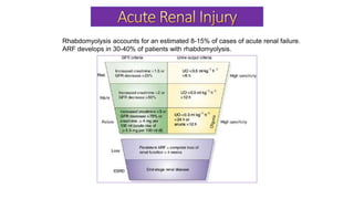 Rhabdomyolysis accounts for an estimated 8-15% of cases of acute renal failure.
ARF develops in 30-40% of patients with rhabdomyolysis.
 