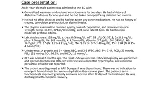 Case presentation:
An 84-year-old male patient was admitted to the ED with:
 Generalized weakness and reduced consciousness for two days. He had a history of
Alzheimer’s disease for one year and he had taken donepezil 5 mg daily for two months.
 He had no other diseases and he had not taken any other medications. He had no history of
trauma, convulsion, previous fall, or alcohol intake.
 The physical examination revealed apathy, loss of cooperation, and decreased muscle
strength. Temp. 36.8°C, BP140/90 mm/Hg, and pulse rate 88 bpm. He had bilateral
moderate pretibial edema.
 Lab. studies: urea: 128 mg/dL; s. crea: 6.06 mg/dL; AST: 93 U/L; CK: 3613; Ca: 8.1 mg/dL;
phos: 4.9 mg/dL; Na: 149 mmol/L; K: 4,3 mmol/L; albumin: 3.7 g/dL; LDH: 349 U/L; Hb:
14.2 g/dL; fT3: 3.5 (N: 1.71–3.71 pg/mL); fT4: 1.35 (N: 0.7–1.48 ng/dL); TSH: 2.04 (N: 0.35–
4.94 uIU/mL).
 Urinary test: 1+ protein and 3+ Haem. RBC, and 2-3 WBC. ABG: PH: 7.44, PCO2: 23 mmHg,
PO2: 151 mmHg, SO2: 99.5%, and HCO3: 19 mmol/L.
 RFT was normal 2 months ago. The renal USG was normal. Echocardiography was performed
and ejection fraction was 60%, left ventricle was concentric hypertrophic, and a minimal
pericardial effusion was reported.
 The patient was diagnosed as ARF. Donepezil was discontinued. There was no indication for
emergent hemodialysis. Intravenous hydration therapy was given. The patient’s renal
function tests improved gradually and were normal after 12 days of the treatment. He was
discharged with complete recovery.
 
