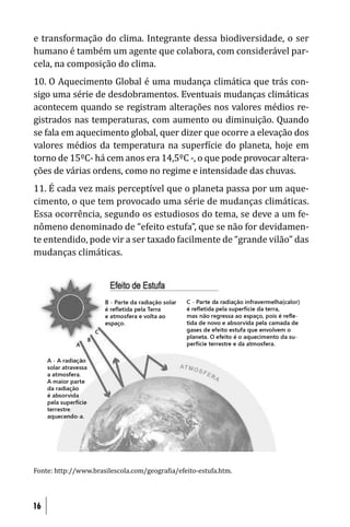 e transformação do clima. Integrante dessa biodiversidade, o ser
humano é também um agente que colabora, com considerável par-
cela, na composição do clima.
10. O Aquecimento Global é uma mudança climática que trás con-
sigo uma série de desdobramentos. Eventuais mudanças climáticas
acontecem quando se registram alterações nos valores médios re-
gistrados nas temperaturas, com aumento ou diminuição. Quando
se fala em aquecimento global, quer dizer que ocorre a elevação dos
valores médios da temperatura na super ície do planeta, hoje em
torno de 15ºC- há cem anos era 14,5ºC -, o que pode provocar altera-
ções de várias ordens, como no regime e intensidade das chuvas.
11. É cada vez mais perceptível que o planeta passa por um aque-
cimento, o que tem provocado uma série de mudanças climáticas.
Essa ocorrência, segundo os estudiosos do tema, se deve a um fe-
nômeno denominado de “efeito estufa”, que se não for devidamen-
te entendido, pode vir a ser taxado facilmente de “grande vilão” das
mudanças climáticas.




Fonte: http://www.brasilescola.com/geogra ia/efeito-estufa.htm.




16
 