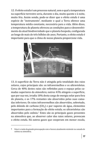 12. O efeito estufa é um processo natural, sem o qual a temperatura
na super ície terrestre seria, durante o dia, muito quente e à noite,
muito fria. Assim sendo, pode-se dizer que o efeito estufa é uma
espécie de “instrumento”, mediante o qual a Terra oferece uma
temperatura média constante, necessária para a vida. Além disso,
a temperatura do planeta ofereceu as condições para o desenvolvi-
mento da atual biodiversidade que o planeta hospeda, con igurada
ao longo de mais de três bilhões de anos. Portanto, o efeito estufa é
importante para que o clima de nosso planeta proporcione vida.




13. A super ície da Terra não é atingida pela totalidade dos raios
solares, cujos principais são: os infravermelhos e os ultravioletas.
Cerca de 40% destes raios são re letidos para o espaço pelas ca-
madas superiores da atmosfera; outros 43% atingem a super ície,
que por sua vez, irradia 10% desta carga de energia solar para fora
do planeta, e os 17% restantes são absorvidos pelas suas cama-
das inferiores. Os raios infravermelhos são absorvidos, sobretudo,
pelo dióxido de carbono (CO₂) e por vapores de água, elementos
importantes para a formação do efeito estufa; os ultravioletas são
absorvidos pelo ozônio.1 Estes são os principais gases presentes
na atmosfera que, ao absorver calor dos raios solares, provocam
o efeito estufa. Há outros gases que cooperam em menor escala,


1   Esta é a razão da grande preocupação com o buraco atualmente existente na camada de
    ozônio na atmosfera.

                                                                                    17
 