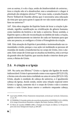 com as outras, é o elo e laço, união da biodiversidade do universo...
leva a criação não só a desabrochar, mas a amadurecer e chegar à
plenitude dos desígnios divinos”.85 Por essa razão, o jesuíta francês
Pierre Teillard de Chardin a irma que é necessária uma educação
da vista por que para quem é capaz de ver não existe nada de pro-
fano no universo.86
167. Esta obra singular do Espírito Santo de levar a criação à ple-
nitude, signi ica santi icação ou cristi icação do gênero humano,
como também da história e de todo o universo. Nesse sentido, o
Espírito opera a obra de reconciliação no âmbito de toda a criação,
agindo misteriosamente no interior de cada ser humano para que
este aos poucos, se con igure a Cristo o Primogênito da criação.
168. Esta atuação do Espírito é percebida e testemunhada nas co-
munidades cristãs, porque a sua ação vai moldando as pessoas ali
reunidas de modo a transformá-las no corpo de Cristo, vivo e atu-
ante. Este corpo de Cristo que se atualiza na história, está a serviço
da grande obra do Espírito, que suscita desde o interior deste pro-
cesso, o Reino de Cristo.


2.6. A criação e a Igreja
169. Na carta aos Efésios,87 Cristo e a Igreja são ligados de modo
indissociável. Cristo é apresentado como o seu esposo (Ef 5,22-23),
e forma com ela uma única realidade ou uma só carne (Ef 5,31-32).
Cristo, alçado à condição de cabeça do universo, o é igualmente
cabeça da Igreja. Assim sendo, existe uma relação especial entre
Cristo e a Igreja, somente ela é o corpo de Cristo e não o cosmos
inteiro e nela Cristo Jesus exerce o senhorio enquanto cabeça,


85   Luiz Carlos SUSIN, O Novo Testamento interpretado, versículo por versículo. Colossenses,
     v. 5, p. 39.
86   Cf. TEIXEIRA, F. O sentido místico da consciência planetária in OLIVEIRA, P. A. R. e SOUZA,
     J.C.A. (orgs.) Consciência Planetária e religião. São Paulo: Paulinas, 2009, p 214.
87   Cf. Maria de Lourdes CORRÊA LIMA. A Teologia da Criação em Efésios. In Perspectiva
     para uma nova Teologia da Criação. p. 204-207.


86
 