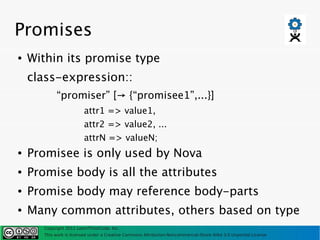 Promises
●   Within its promise type
    class-expression::
            “promiser” [→ {“promisee1”,...}]
                         attr1 => value1,
                         attr2 => value2, ...
                         attrN => valueN;
●   Promisee is only used by Nova
●   Promise body is all the attributes
●   Promise body may reference body-parts
●   Many common attributes, others based on type
       Copyright 2011 LearnThinkCode, Inc.
       This work is licensed under a Creative Commons Attribution-Noncommercial-Share Alike 3.0 Unported License
 