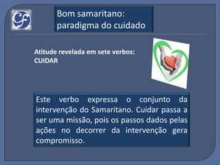 Bom samaritano:
       paradigma do cuidado

Atitude revelada em sete verbos:
CUIDAR




Este verbo expressa o conjunto da
intervenção do Samaritano. Cuidar passa a
ser uma missão, pois os passos dados pelas
ações no decorrer da intervenção gera
compromisso.
 