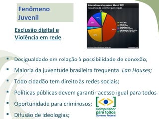 Fenômeno                    Usuários da internet por região



    Juvenil
   Exclusão digital e
   Violência em rede


 Desigualdade em relação à possibilidade de conexão;
 Maioria da juventude brasileira frequenta Lan Houses;
 Todo cidadão tem direito às redes sociais;
 Políticas públicas devem garantir acesso igual para todos
 Oportunidade para criminosos;
 Difusão de ideologias;
 