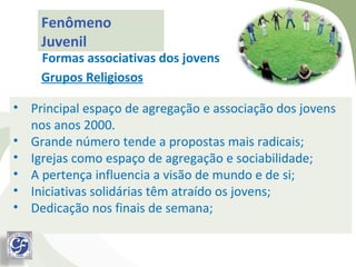 Fenômeno
    Juvenil
    Formas associativas dos jovens
    Grupos Religiosos

• Principal espaço de agregação e associação dos jovens
  nos anos 2000.
• Grande número tende a propostas mais radicais;
• Igrejas como espaço de agregação e sociabilidade;
• A pertença influencia a visão de mundo e de si;
• Iniciativas solidárias têm atraído os jovens;
• Dedicação nos finais de semana;
 