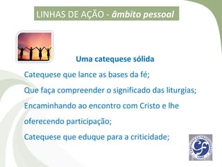 LINHAS DE AÇÃO - âmbito pessoal



              Uma catequese sólida
Catequese que lance as bases da fé;
Que faça compreender o significado das liturgias;
Encaminhando ao encontro com Cristo e lhe
oferecendo participação;
Catequese que eduque para a criticidade;
 