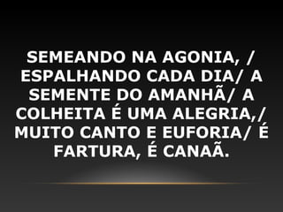 SEMEANDO NA AGONIA, /
ESPALHANDO CADA DIA/ A
 SEMENTE DO AMANHÃ/ A
COLHEITA É UMA ALEGRIA,/
MUITO CANTO E EUFORIA/ É
   FARTURA, É CANAÃ.
 