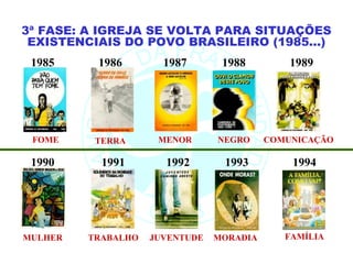 3ª FASE: A IGREJA SE VOLTA PARA SITUAÇÕES
 EXISTENCIAIS DO POVO BRASILEIRO (1985...)
 1985     1986        1987       1988         1989




 FOME     TERRA      MENOR      NEGRO     COMUNICAÇÃO

 1990      1991       1992       1993         1994




MULHER   TRABALHO   JUVENTUDE   MORADIA      FAMÍLIA
 