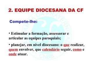 2. EQUIPE DIOCESANA DA CF

Compete-lhe:

• Estimular a formação, assessorar e
articular as equipes paroquiais;
• planejar, em nível diocesano: o que realizar,
quem envolver, que calendário seguir, como e
onde atuar.
 