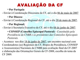 AVALIAÇÃO DA CF
     • Por Paróquia
- Enviar à Coordenação Diocesana da CF, até o dia 06 de maio de 2007
     • Por Diocese
- Enviar à Coordenação Regional da CF, até o dia 20 de maio de 2007.
     • Por Regional;
- Enviar à Secretaria Executiva da CF, até o dia 04 de junho de 2007.
     • CONSEP (Conselho Episcopal Pastoral) - Constituído pela
     Presidência da CNBB e os presidentes das Comissões Episcopais
     Pastorais.
- Acontece nos dias 18 de junho de 2007, um encontro nacional com
Coordenadores (as) Regionais da CF, Bispos da Presidência, CONSEP
e Assessores(as) Nacionais da CNBB para avaliação final da CF-2007
e elaboração das Orientações Gerais da CF-2008, escolha do tema da
CF 2009.
 