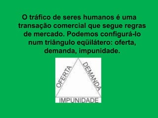 O tráfico de seres humanos é uma
transação comercial que segue regras
de mercado. Podemos configurá-lo
num triângulo eqüilátero: oferta,
demanda, impunidade.
 