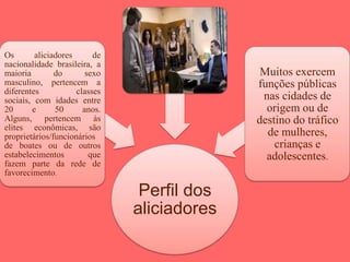 Perfil dos
aliciadores
Os aliciadores de
nacionalidade brasileira, a
maioria do sexo
masculino, pertencem a
diferentes classes
sociais, com idades entre
20 e 50 anos.
Alguns, pertencem às
elites econômicas, são
proprietários/funcionários
de boates ou de outros
estabelecimentos que
fazem parte da rede de
favorecimento.
.
Muitos exercem
funções públicas
nas cidades de
origem ou de
destino do tráfico
de mulheres,
crianças e
adolescentes.
 