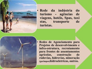 • Rede da indústria do
turismo - agências de
viagens, hotéis, Spas, taxi
stas, transporte de
turistas.
.
• Redes de Agenciamento para
Projetos de desenvolvimento e
infra-estrutura, recrutamento
para frentes de assentamentos
agrícolas, construção de
rodovias, hidrovias, mineração
(garimpos)hidroeletricas, outros.
.
 