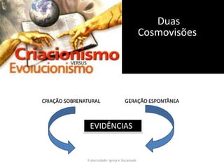 Duas
Cosmovisões
GERAÇÃO ESPONTÂNEACRIAÇÃO SOBRENATURAL
EVIDÊNCIAS
Fraternidade: Igreja e Sociedade
 