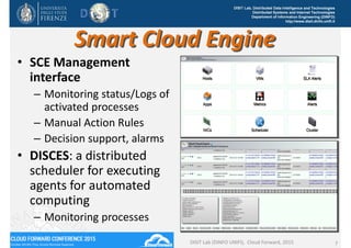 DISIT Lab, Distributed Data Intelligence and Technologies
Distributed Systems and Internet Technologies
Department of Information Engineering (DINFO)
http://www.disit.dinfo.unifi.it
Smart Cloud Engine
• SCE Management 
interface
– Monitoring status/Logs of 
activated processes
– Manual Action Rules
– Decision support, alarms 
• DISCES: a distributed 
scheduler for executing 
agents for automated 
computing
– Monitoring processes
DISIT Lab (DINFO UNIFI),  Cloud Forward, 2015 7
Smart Cloud Engine, SCE
Distributed SCE 
Scheduler
SCE Management Interface 
.                      and Tools
Graphs Editors
 