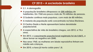  2.1. A demografia
 A população brasileira ultrapassou os 200 milhões de
habitantes. Em 1960 era pouco mais de 70 milhões de pessoas.
 O Sudeste continua mais populoso, com mais de 80 milhões.
 A maioria da população está concentrada na faixa litorânea.
 O Centro-Oeste e Norte apresentam baixa densidade
populacional.
 A expectativa de vida do brasileiro chegou, em 2012, a 74,6
anos.
 Em 2013, o crescimento populacional registrado foi de 0,86%, e
deve tornar-se negativo em 2040.
 Nos anos 1960, as mulheres em idade reprodutiva tinham em
média seis crianças.
 Em 2010, a taxa já havia caído para 1,8.
CF 2015 – A sociedade brasileira
 