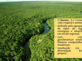 CAMPANHA FRATERNIDADE 2017 33
 O bioma, é o "conju
vida (vegetal e anima
 definida pelo agrupa
de tipos de veg
contíguos e identifi
em escala regional,
 com con
geoclimáticas simila
história compartilha
mudanças,
 resultando em
diversidade bio
própria".
 