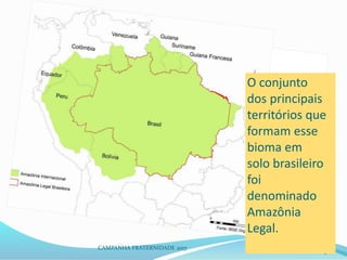 CAMPANHA FRATERNIDADE 2017
38
O conjunto
dos principais
territórios que
formam esse
bioma em
solo brasileiro
foi
denominado
Amazônia
Legal.
 