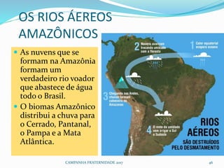 OS RIOS ÁEREOS
AMAZÔNICOS
 As nuvens que se
formam na Amazônia
formam um
verdadeiro rio voador
que abastece de água
todo o Brasil.
 O biomas Amazônico
distribui a chuva para
o Cerrado, Pantanal,
o Pampa e a Mata
Atlântica.
CAMPANHA FRATERNIDADE 2017 46
 