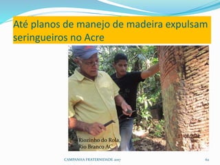 Até planos de manejo de madeira expulsam
seringueiros no Acre
CAMPANHA FRATERNIDADE 2017 62
Riozinho do Rola,
Rio Branco AC
 