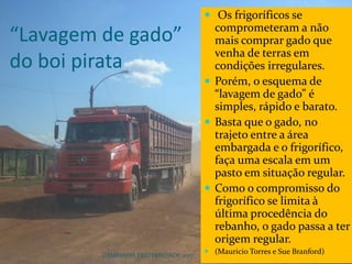 CAMPANHA FRATERNIDADE 2017 68
“Lavagem de gado”
do boi pirata
 Os frigoríficos se
comprometeram a não
mais comprar gado que
venha de terras em
condições irregulares.
 Porém, o esquema de
“lavagem de gado” é
simples, rápido e barato.
 Basta que o gado, no
trajeto entre a área
embargada e o frigorífico,
faça uma escala em um
pasto em situação regular.
 Como o compromisso do
frigorífico se limita à
última procedência do
rebanho, o gado passa a ter
origem regular.
 (Mauricio Torres e Sue Branford)
 