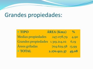 Grandes propiedades:
 TIPO ÁREA (Km2) %
Medias propiedades 247.078,79 4,90
Grandes propiedades 1.319.214,02 6,19
Árees griladas 704.629,58 13,99
 TOTAL 2.270.922,37 45,08
 