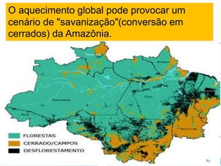 CAMPANHA FRATERNIDADE 2017 83
O aquecimento global pode provocar um
cenário de "savanização"(conversão em
cerrados) da Amazônia.
 