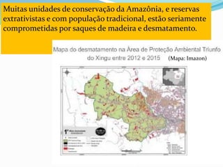 CAMPANHA FRATERNIDADE 2017 86
Muitas unidades de conservação da Amazônia, e reservas
extrativistas e com população tradicional, estão seriamente
comprometidas por saques de madeira e desmatamento.
(Mapa: Imazon)
 