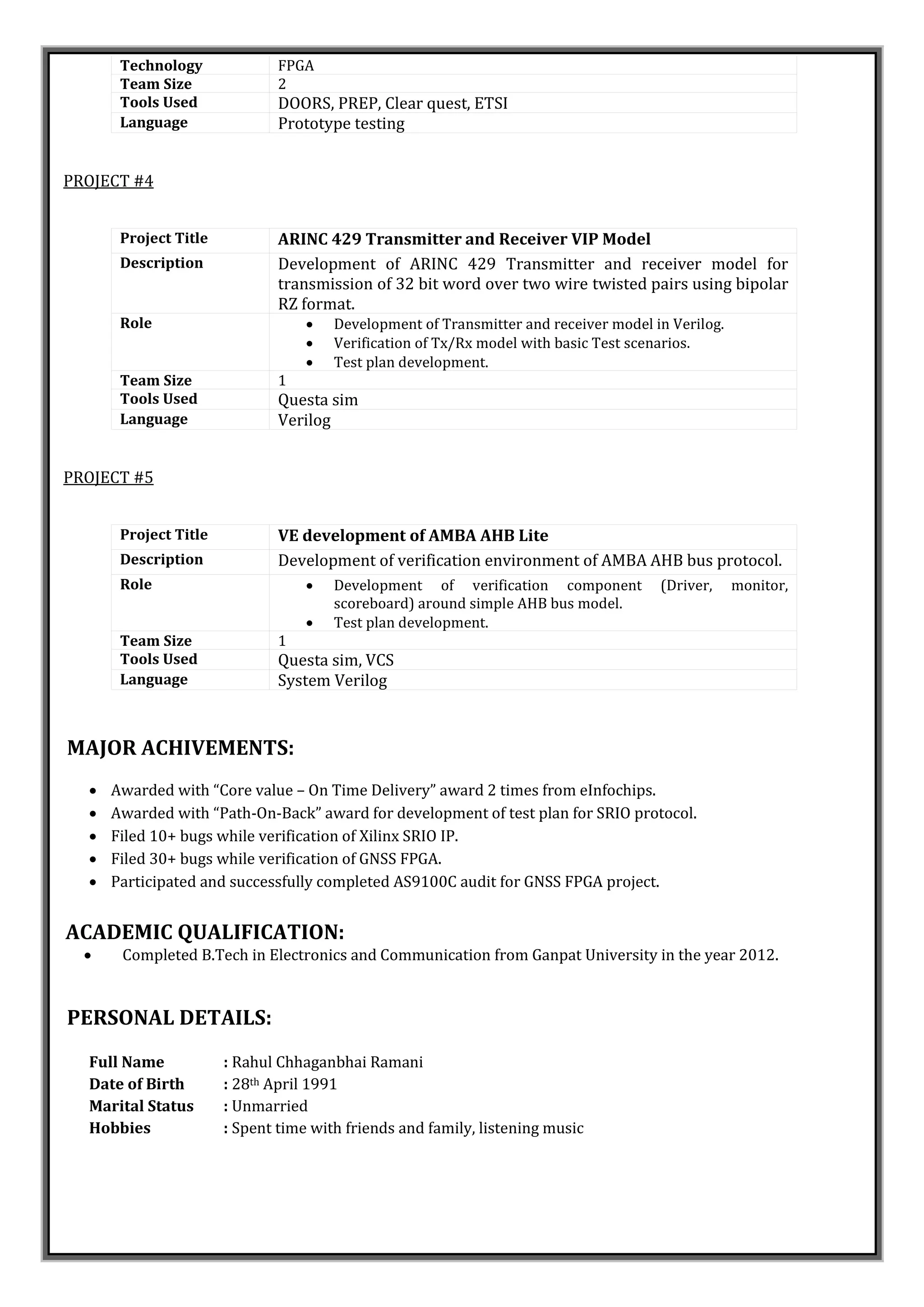Technology FPGA
Team Size 2
Tools Used DOORS, PREP, Clear quest, ETSI
Language Prototype testing
PROJECT #4
Project Title ARINC 429 Transmitter and Receiver VIP Model
Description Development of ARINC 429 Transmitter and receiver model for
transmission of 32 bit word over two wire twisted pairs using bipolar
RZ format.
Role  Development of Transmitter and receiver model in Verilog.
 Verification of Tx/Rx model with basic Test scenarios.
 Test plan development.
Team Size 1
Tools Used Questa sim
Language Verilog
PROJECT #5
Project Title VE development of AMBA AHB Lite
Description Development of verification environment of AMBA AHB bus protocol.
Role  Development of verification component (Driver, monitor,
scoreboard) around simple AHB bus model.
 Test plan development.
Team Size 1
Tools Used Questa sim, VCS
Language System Verilog
MAJOR ACHIVEMENTS:
 Awarded with “Core value – On Time Delivery” award 2 times from eInfochips.
 Awarded with “Path-On-Back” award for development of test plan for SRIO protocol.
 Filed 10+ bugs while verification of Xilinx SRIO IP.
 Filed 30+ bugs while verification of GNSS FPGA.
 Participated and successfully completed AS9100C audit for GNSS FPGA project.
ACADEMIC QUALIFICATION:
 Completed B.Tech in Electronics and Communication from Ganpat University in the year 2012.
PERSONAL DETAILS:
Full Name : Rahul Chhaganbhai Ramani
Date of Birth : 28th April 1991
Marital Status : Unmarried
Hobbies : Spent time with friends and family, listening music
 